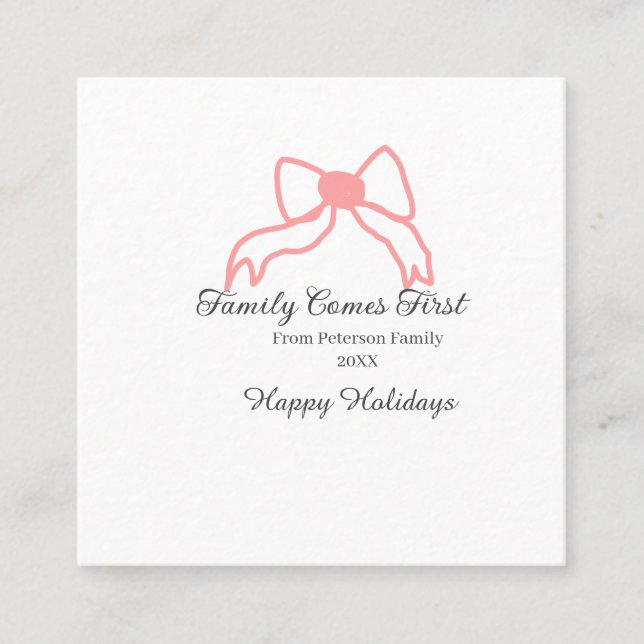 Cartão De Visita Quadrado Family comes first red bow family name holidays (Frente)