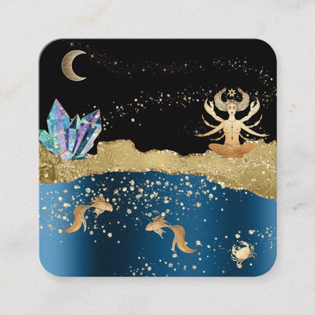 Cartão De Visita Quadrado *~* Fantasy Crystal Deusa Celestial Cancer Dourado (Frente)