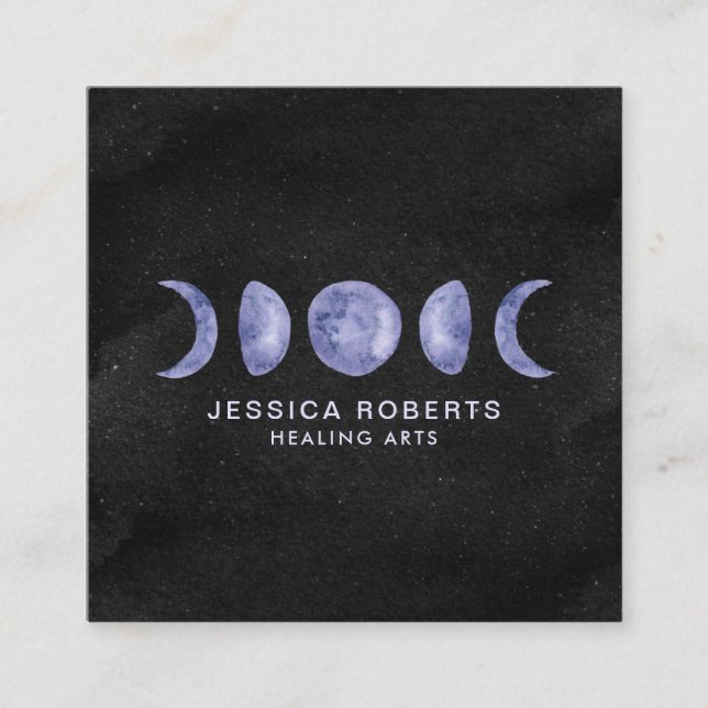 Cartão De Visita Quadrado Fases Metafísicas da Lua de Aquarela Roxa (Frente)