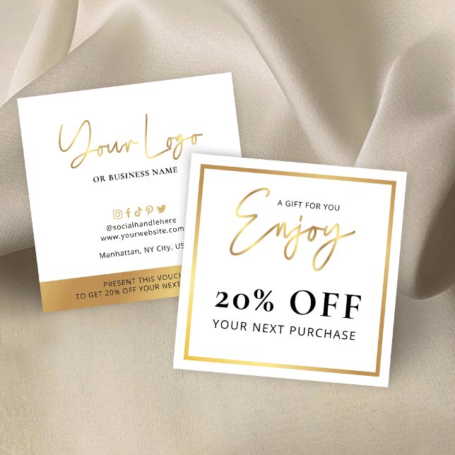 Cartão De Visita Quadrado Faux Dourado Obrigado Oferecer Desconto do Logotip (White and gold business 'a gift for you' cards with discount code for your customers)