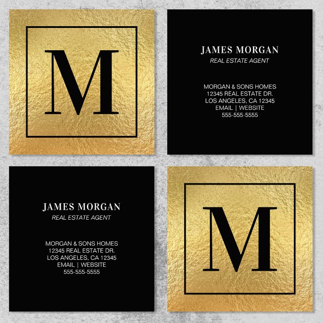 Cartão De Visita Quadrado Faux Gold Foil Black Border Monograma (Faux Gold Foil Black Border Monogram Square Business Card)