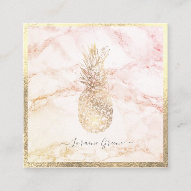 CARTÃO DE VISITA QUADRADO FAUX PINEAPPLE DOURADO+MARBLE (Frente)