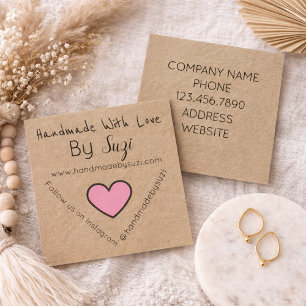 Cartão De Visita Quadrado Feita Com Amor Por Suzi PINK Heart Kraft