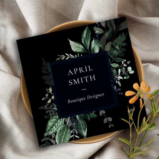 Cartão De Visita Quadrado Fern de Folhagem Tropical de Folhagem Verde Negra  (Criador carregado)