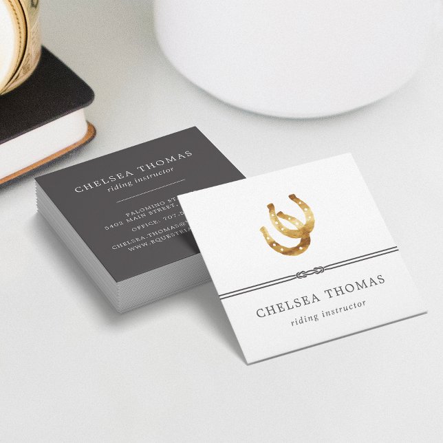 Cartão De Visita Quadrado Ferradura | Instrutor de voo do centro equestre (Criador carregado)