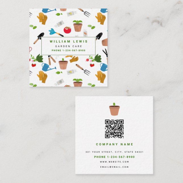 Cartão De Visita Quadrado Ferramentas de jardinagem Plantas Jardineiro (Frente/Verso)