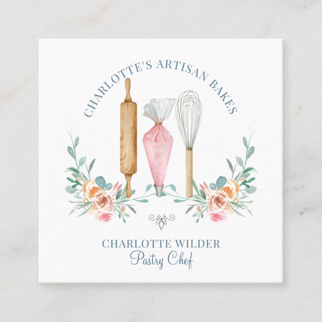Cartão De Visita Quadrado Ferramentas de padeiro de pastelaria de aquarela (Frente)