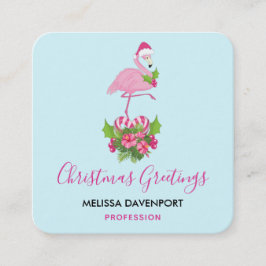 Cartão De Visita Quadrado Flamingo cor-de-rosa no Natal Whimsso de Santa Hat