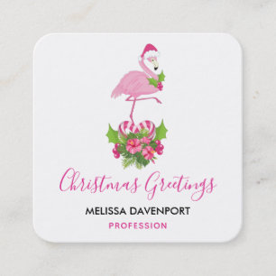 Cartão De Visita Quadrado Flamingo Rosa em Chapéu de Papai Noel Natal Capric