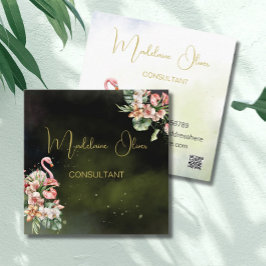 Cartão De Visita Quadrado Flamingo Tropical Botânica Florista Negro QR