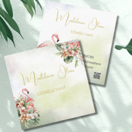 Cartão De Visita Quadrado Flamingo Tropical Botânica Moderna Florista QR
