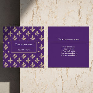 Cartão De Visita Quadrado Fleur de Lis Pattern, Francês, Real, Creme, Roxo