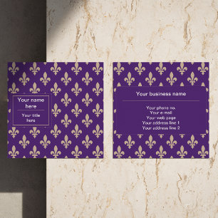 Cartão De Visita Quadrado Fleur de Lis Pattern, Francês, Real, Creme, Roxo