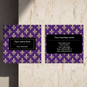 Cartão De Visita Quadrado Fleur de Lis Pattern, Francês, Real, Creme, Roxo
