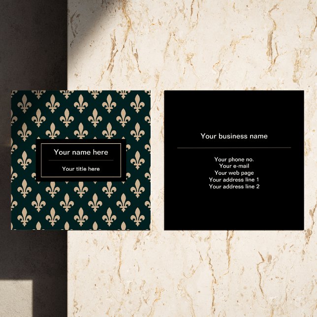 Cartão De Visita Quadrado Fleur de Lis Pattern, Francês, Real, Creme, Verde (Criador carregado)
