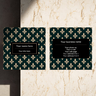 Cartão De Visita Quadrado Fleur de Lis Pattern, Francês, Real, Creme, Verde