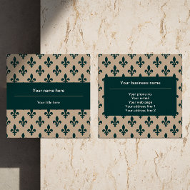 Cartão De Visita Quadrado Fleur de Lis Pattern, Francês, Real, Verde