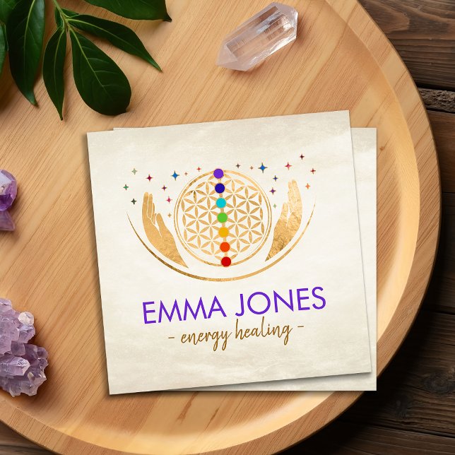 Cartão De Visita Quadrado Flor da vida, mãos cicatrizantes, chakras (Criador carregado)