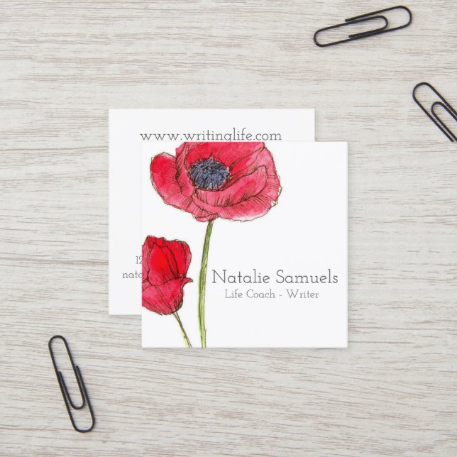Cartão De Visita Quadrado Flor de Aquarela Vermelha (Frente/Verso In Situ)