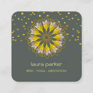 Cartão De Visita Quadrado Flor de Lótus Verde Dourado Yoga Meditação Holísti