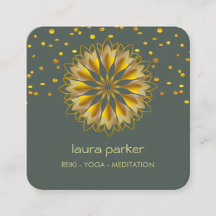 Cartão De Visita Quadrado Flor de Lótus Verde Dourado Yoga Meditação Holísti