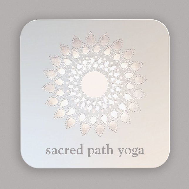 Cartão De Visita Quadrado Flor Floral Mandala Elegante Prata Branca Lotus (Criador carregado)