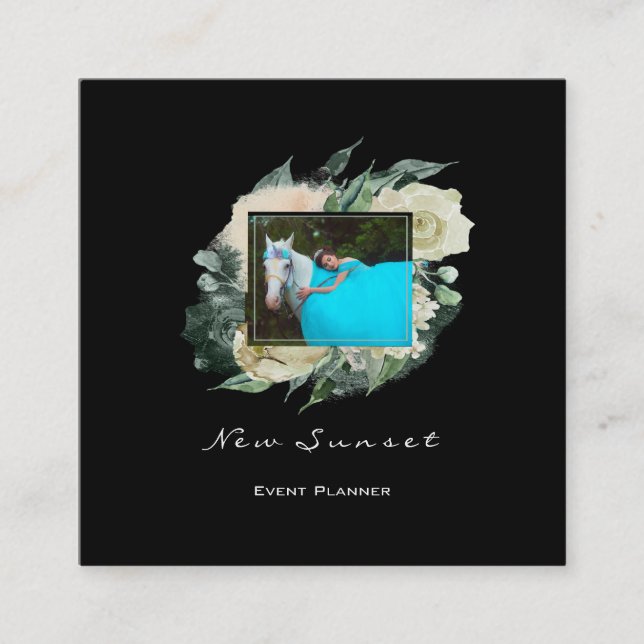 Cartão De Visita Quadrado Florais de quadros brancos pretos do Planejador de (Frente)