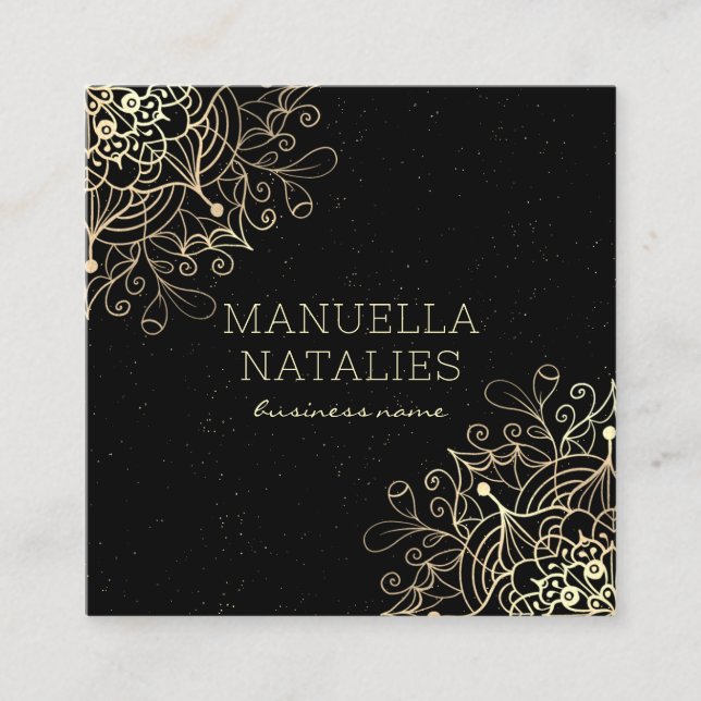 Cartão De Visita Quadrado Floral Dourado Mandala Black (Frente)