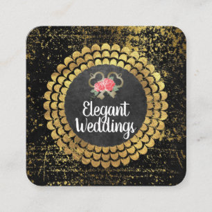 Cartão De Visita Quadrado Floral elegante luxuoso Dourado e chaves