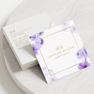 Cartão De Visita Quadrado Floral Elegante Moldura Dourada Aquarela Roxa Únic