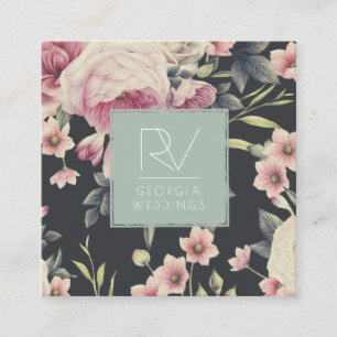 Cartão De Visita Quadrado Floral Escuro Vintage em Preto Monograma