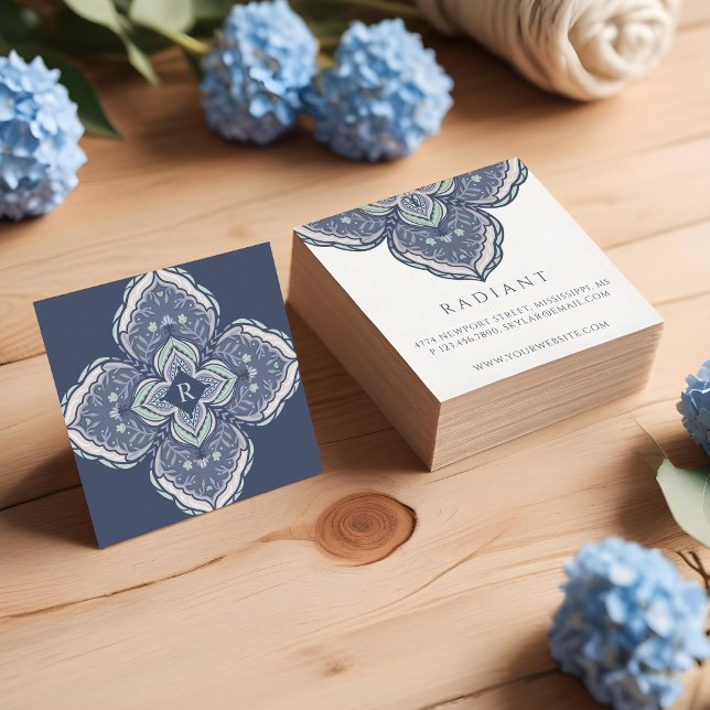Cartão De Visita Quadrado Floral espiritual holístico (Holistic Spiritual Decorative Floral Mandala Blue Square Business Card)