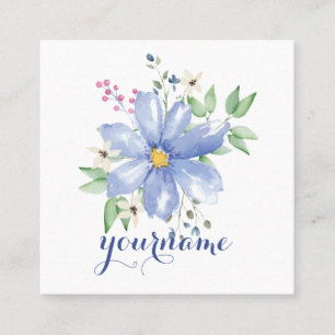 Cartão De Visita Quadrado Floral Personalizado Monograma Azul Flores