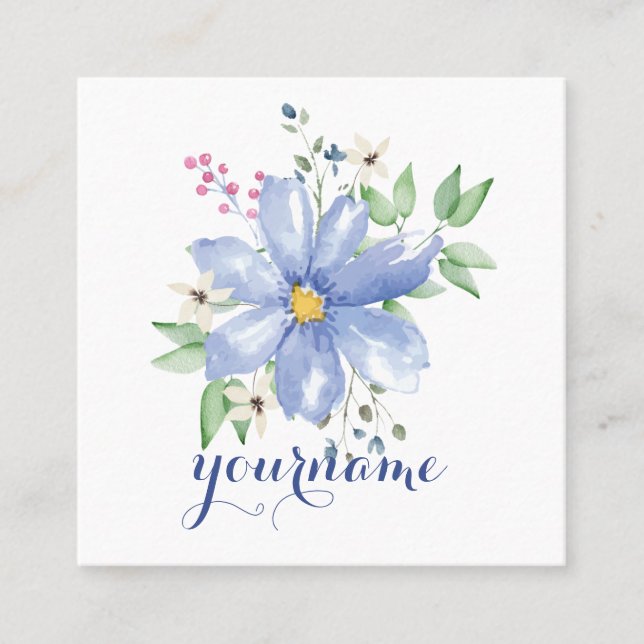 Cartão De Visita Quadrado Floral Personalizado Monograma Azul Flores (Frente)