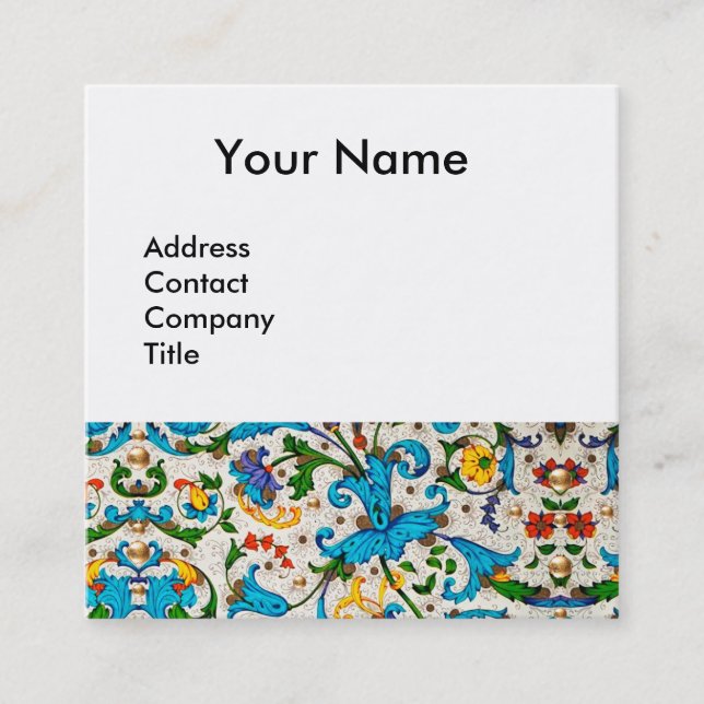 CARTÃO DE VISITA QUADRADO FLORENTINA RENAISSÂNCIA CHUVAS FLORAIS AZUIS, FLOR (Frente)