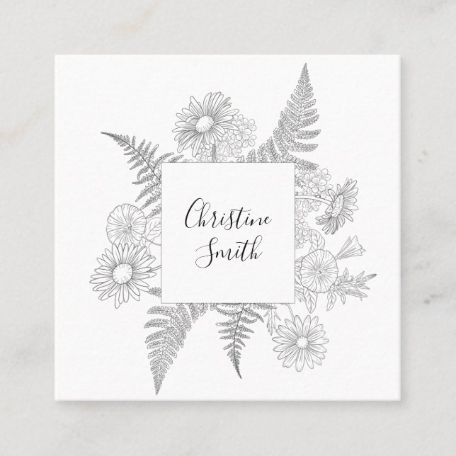 Cartão De Visita Quadrado Flores Alegantes, Pretas E Brancas (Frente)