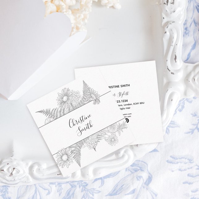 Cartão De Visita Quadrado Flores Alegantes, Pretas E Brancas (Criador carregado)