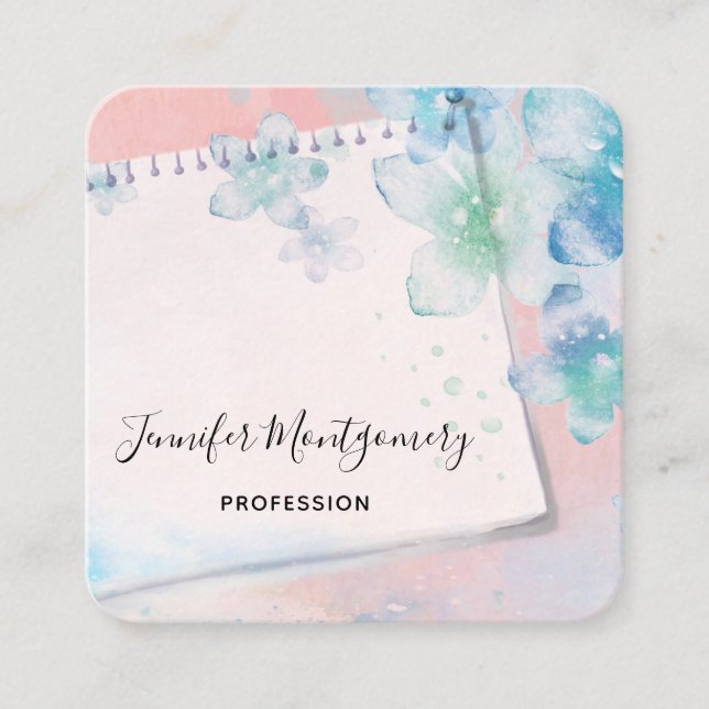 Cartão De Visita Quadrado Flores Azuis bonito em Fundo Rosa (Frente)