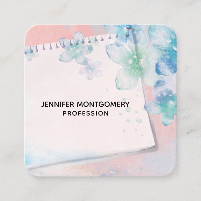 Cartão De Visita Quadrado Flores Azuis bonito em Fundo Rosa (Frente)