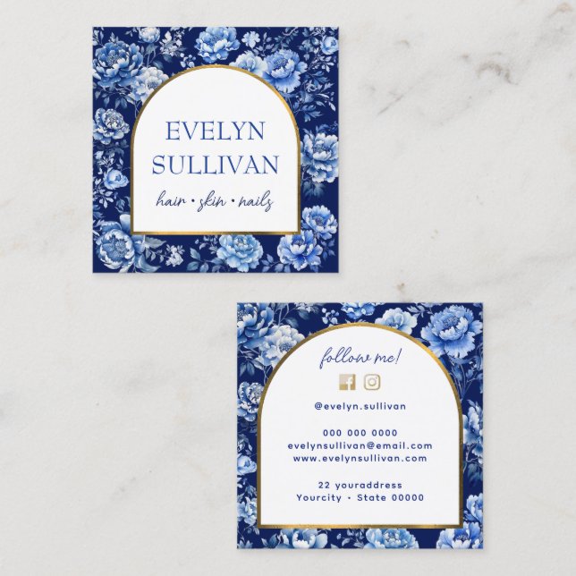 Cartão De Visita Quadrado Flores azuis da China (Frente/Verso)