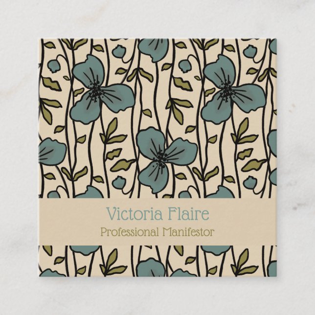 Cartão De Visita Quadrado Flores Azuis De Teal Vertical Delight, Que Vazam (Frente)