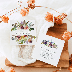 Cartão De Visita Quadrado Flores bonito de Boho   Aquarela