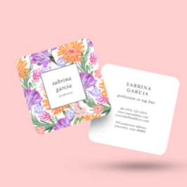Cartão De Visita Quadrado Flores Brilhantes | Rosa violeta azul
