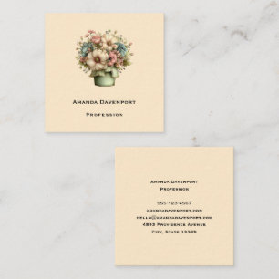 Cartão De Visita Quadrado Flores Caprichosas em um Vaso de Plantas Florista 