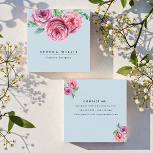 Cartão De Visita Quadrado Flores Cor-de-Rosa Simples Chic Azul
