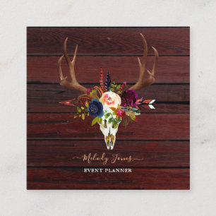 CARTÃO DE VISITA QUADRADO FLORES DE ÁGUA RUSTIÇA, BOHO SKULL+SETA