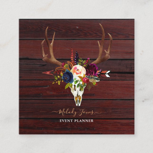 CARTÃO DE VISITA QUADRADO FLORES DE ÁGUA RUSTIÇA, BOHO SKULL+SETA (Frente)