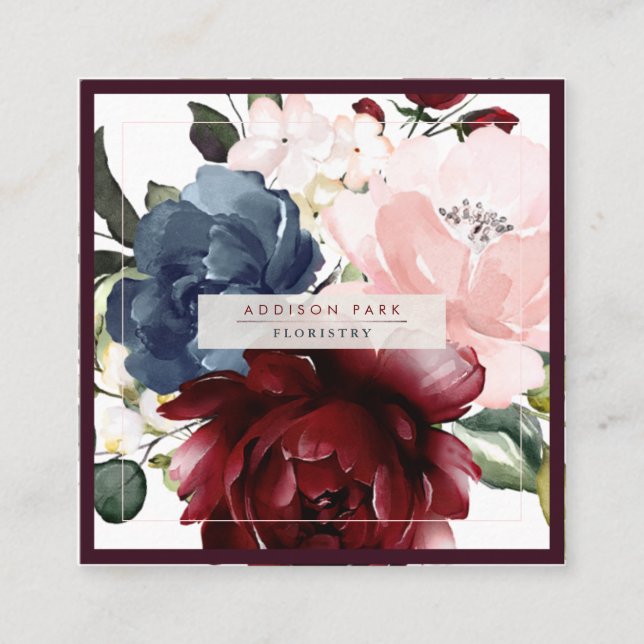 Cartão De Visita Quadrado Flores de Aquarela Azul Dusty Blush (Frente)