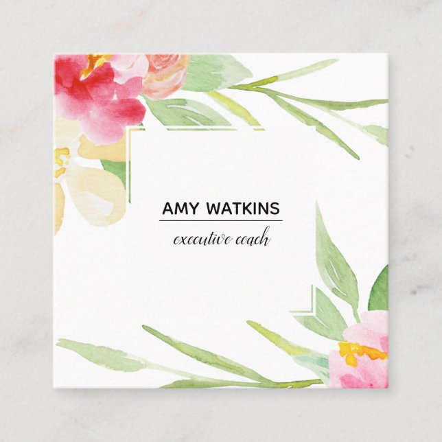 Cartão De Visita Quadrado Flores de Aquarela pintadas artísticas brancas em  (Frente)