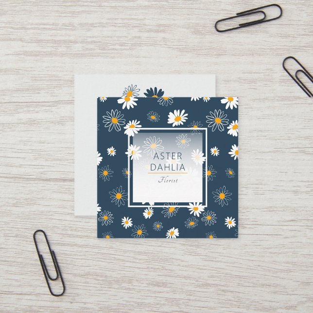 Cartão De Visita Quadrado Flores de margarida amarela-amarela-Marinho-assomb (Stunning Navy Yellow White Classic Daisy Flowers Square Business Card from Studio Posies)